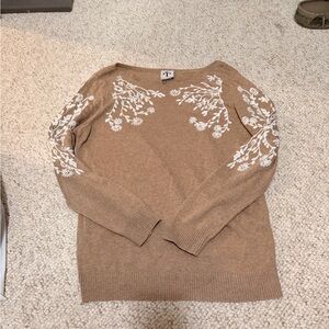 Tan Sweater with White Floral embroidery